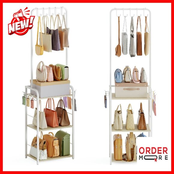Tall Purse Organizer Stand with Hangers 3-Tier Shelf Space-Saving Storage